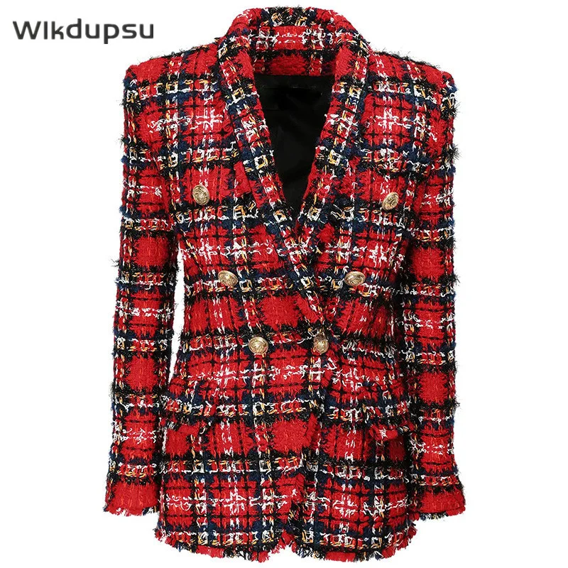 

Elegant Plaid Blazer Women Autumn Winter Tweed Coat Female Long Sleeve Luxury Designer Wool Ladies Checkered Suit Jacket Tops