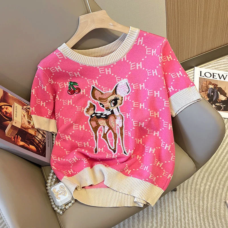 

Fawn Embroidered Top 2022 Korean Trendy T-shirt East Gate Pop Letter Printed Round Neck Ice Silk Sweater Summer Tops For Female