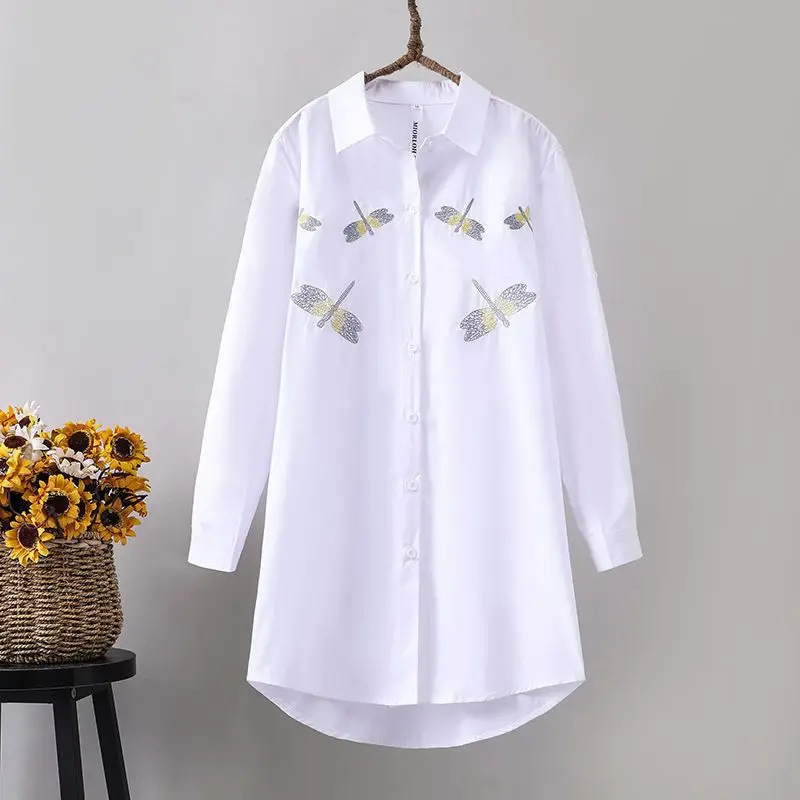 Chic Shirts Women Tunics Letter Print Long Sleeve Shirts Loose Casual Plus Size Vintage Fashion Office Lady Turn-down Collar Top