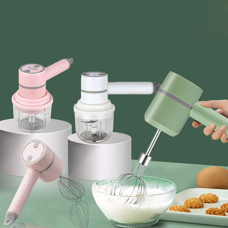 

Cordless Electric Garlic Chopper Masher Whisk Egg Beater 3-Speed Control with 2 Mixing Rods Kitchen Handheld Frother USB 2 In 1