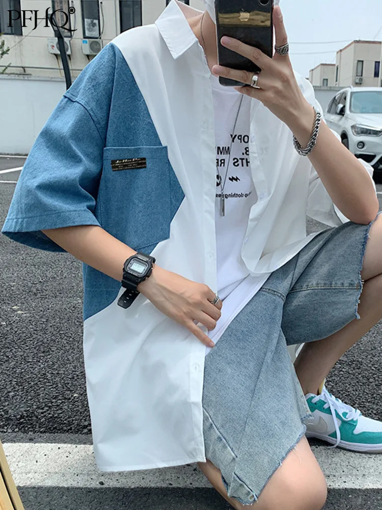 

PFHQ Men's Personalized Denim Panel Short Sleeve Shirt 2022 Summer Turn-down Collar Fashion Trend Man Tops Cool Style Clothing