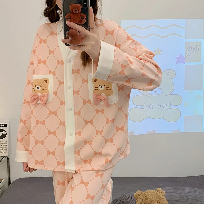 Yasuk Autuum Winer Fashion Women's Casual Plaid Pocket Sleepwear Homewear Cute Lovely Pajamas With Pants Soft Elastic Waist Bear