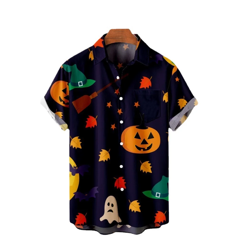 

Men's Collection Halloween Shirt Pumpkin 3D Print Front Button Soft Summer Beach Casual Hawaiian Short Sleeve Shirt Oversize y2k