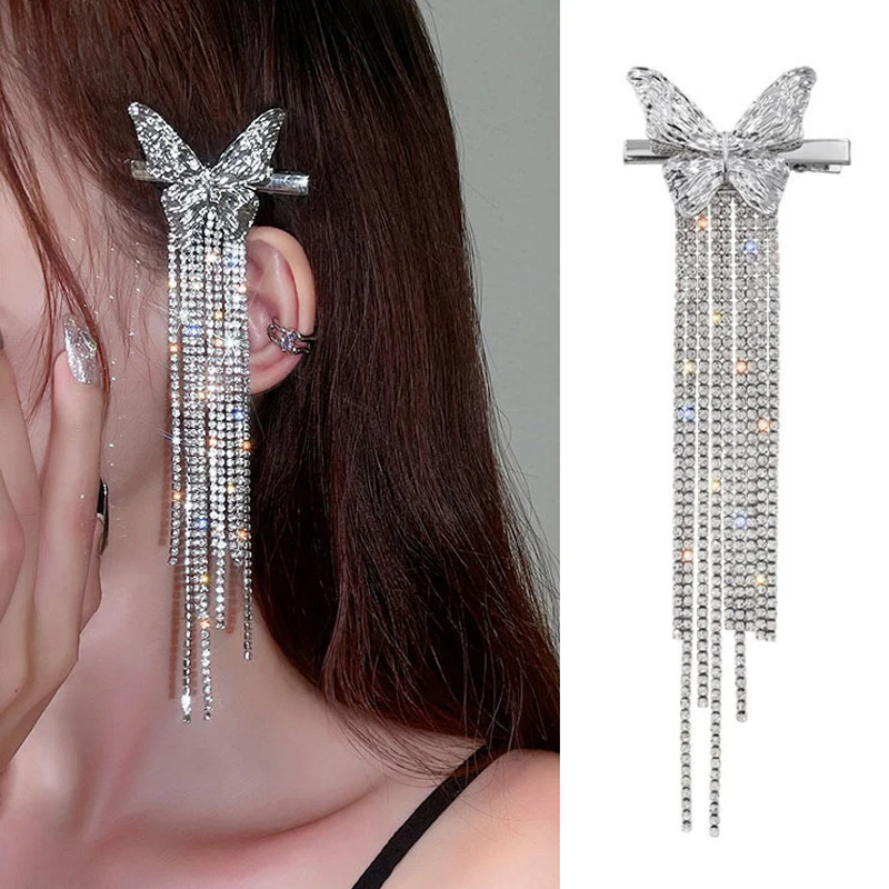 

Trendy Silver Color Butterfly Hair Clip Women Rhinestone Tassel Headwear Side Clip Long Charm Earring Girl Hairpin Barrettes