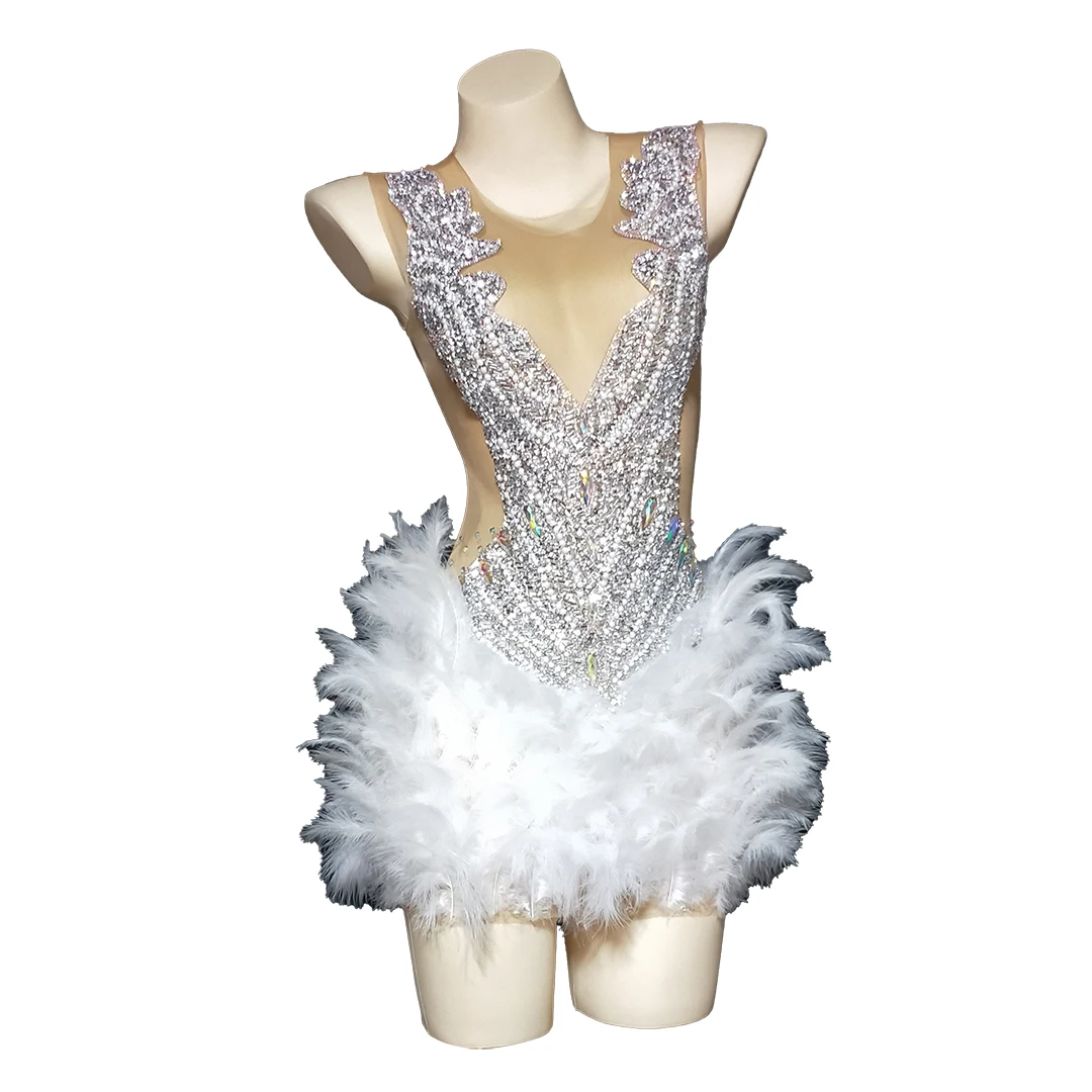 

Sparkly Rhinestones Mesh Feather Dress Birthday Party Outfit Female Bar Nightclub Stage Wear Dance Costume Sexy Celebrate Dress