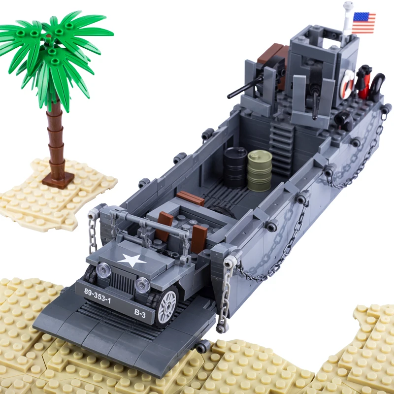 WW2 USA LCM3 Landing Craft Building Blocks Military Warship Model Soldier Weapon Boat Army Car Model Educational Toy for Childs