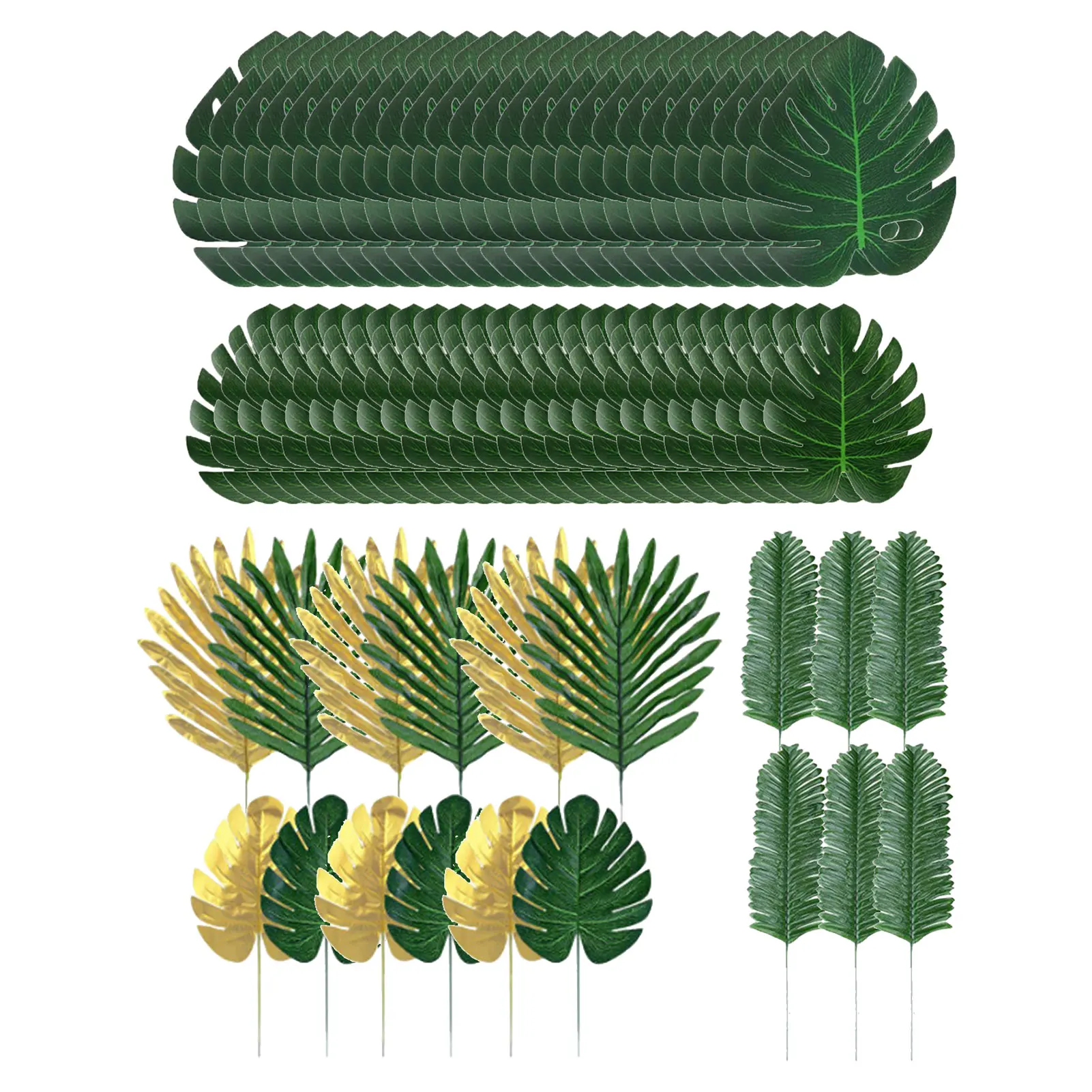 

66Pcs 6 Types Leaves Decoration Green Gold Artificial Palm Leaves Gold Tropical Leaves For Hawaiian Beach Party BabyShower Decor