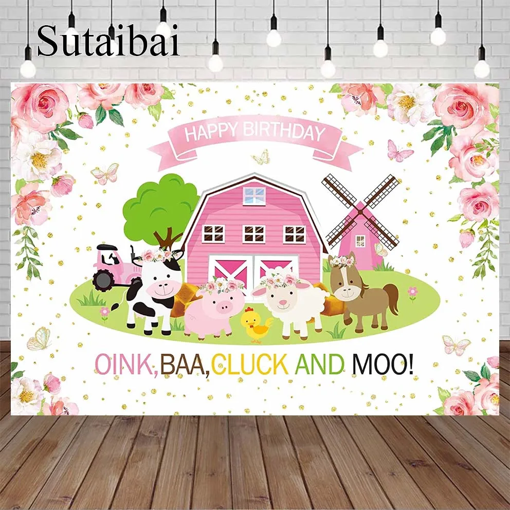 

Pink Floral Farm Theme Happy Birthday Backdrop for Girl Kids Barn Animals Cow Flower Barnyard 1st First Bday Party Banner