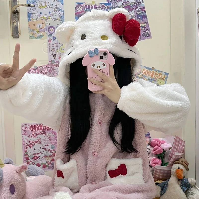 Kawaii Hello Kitty коралловый флисовый пижамный халат костюм Sanrio аниме плюшевая домашняя