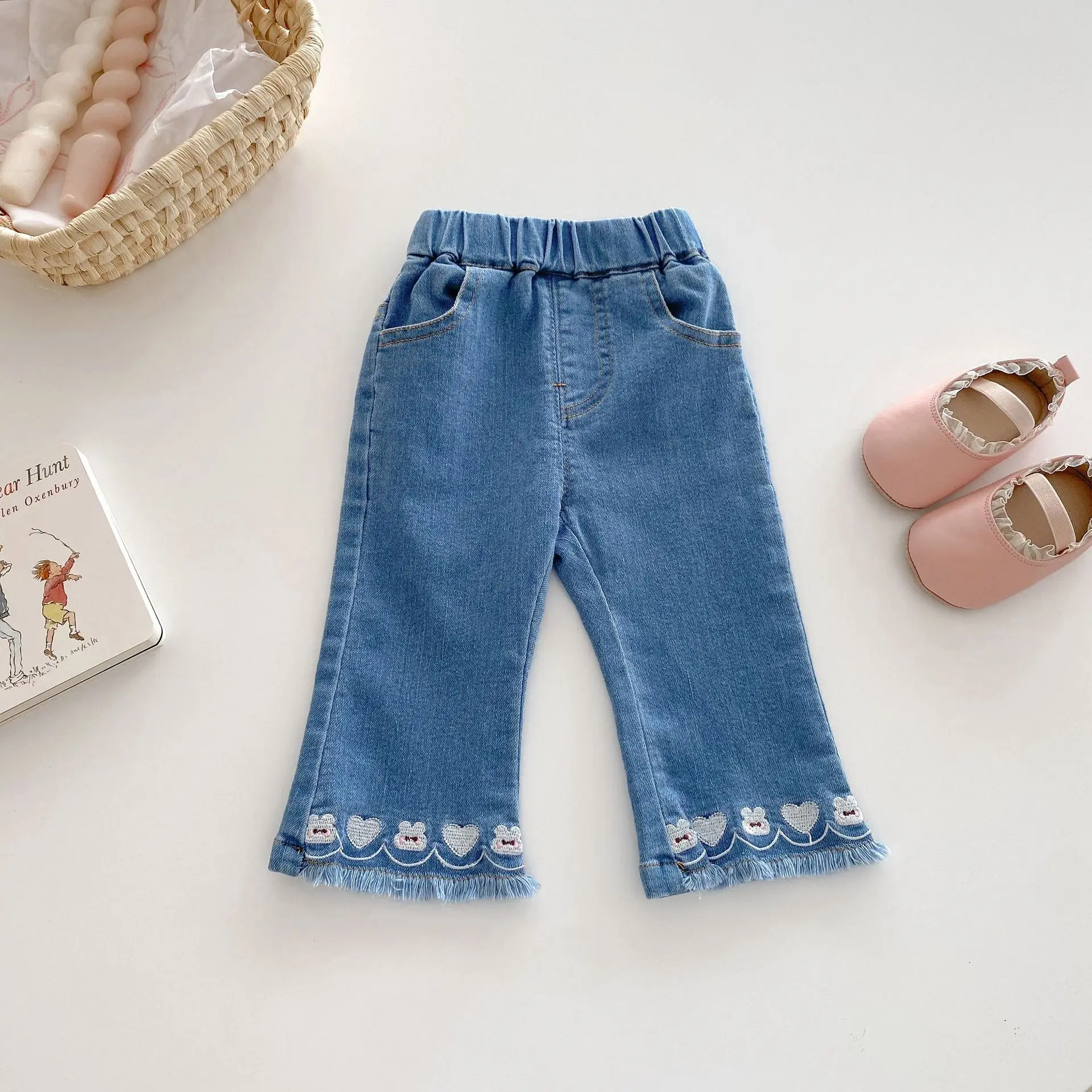 Однотонные джинсы для девочек осенняя корейская детская одежда мягкие хлопковые