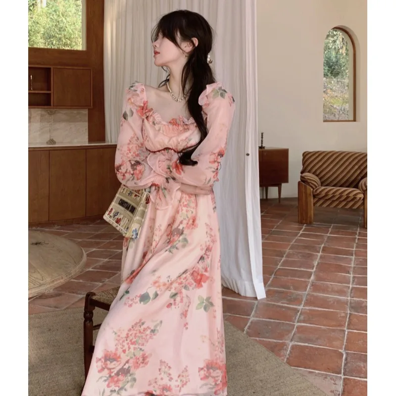 

Holiday Vintage Puff Sleeves Floral Print Summer Dress Women High Waist Long Fairy Dress A-line Elastic Beach Vestido French