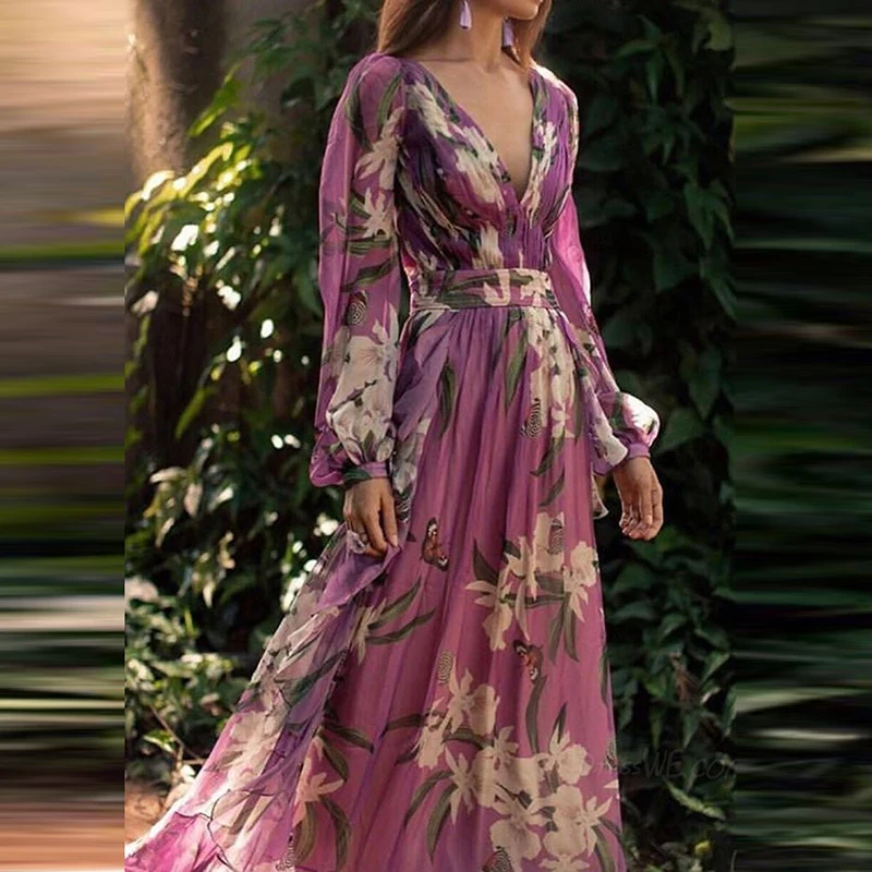 Женское шифоновое платье с V-образным вырезом и длинными рукавами-фонариками