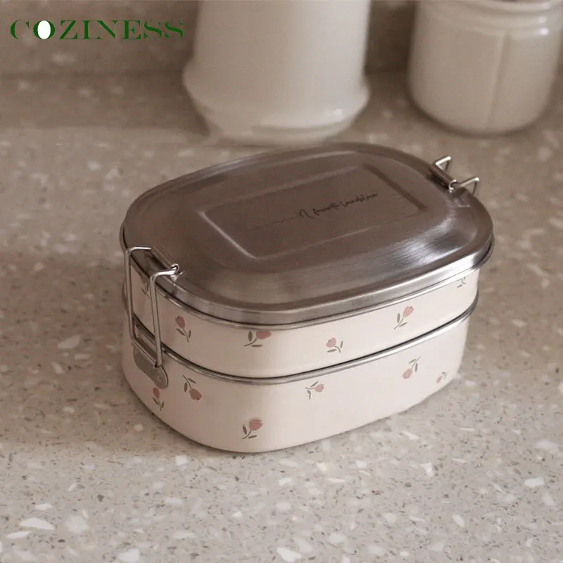 

Детская обеденная тарелка с милым цветочным принтом, двухслойная, из нержавеющей стали, большая емкость, бэнто-бокс, детский простой Ланч-бо...