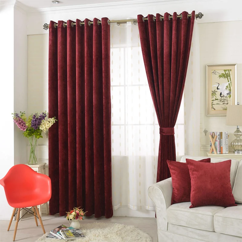 

Solid Red Brown Color Blackout French Window Curtain High Shading Chenille Home Decoration Curtain For Living Room And Bedroom