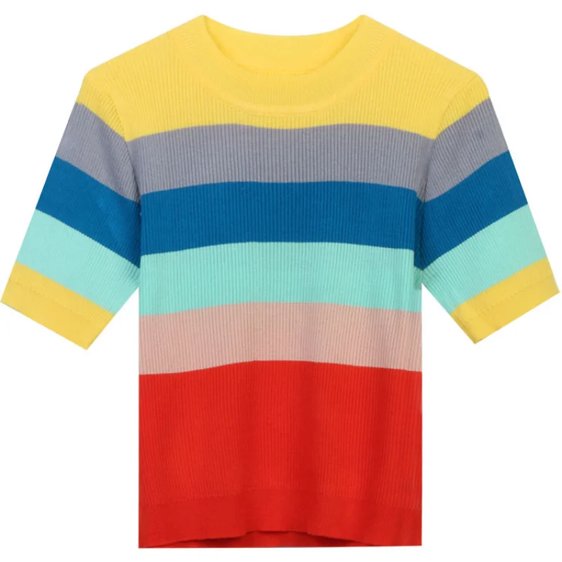 

Summer Cotton Women's Striped T-shirt Rainbow Strip O-neck Knitted Pullover Vest Girl Fashion Thin Short Sleeved Casual Top 2023
