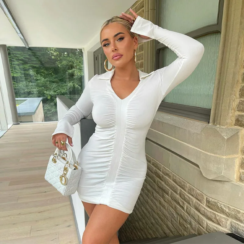 

Sexy Deep V Dress Women Spring Long Sleeve Pleated Tight Bodycon Dress Show Hip Club Rave Outfit Vestido Feminino Ey*