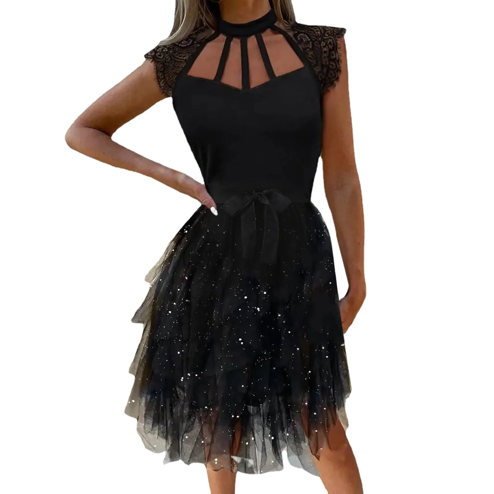 

2022 New Black Fashion Temperament Scarf Collar Mid Waist Mesh Dress Guest Of Wedding Dress Sleeveless Skinny Mini Party Dress