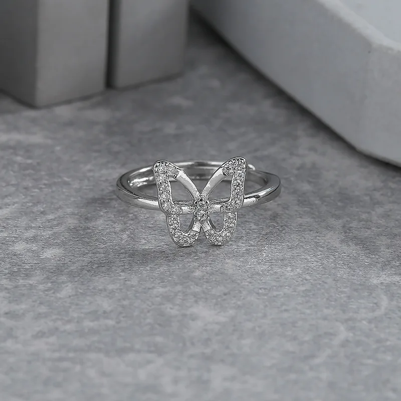 

New Hot Selling Silver Color Simple Zircon Hollow Butterfly Women's Open Ring R695