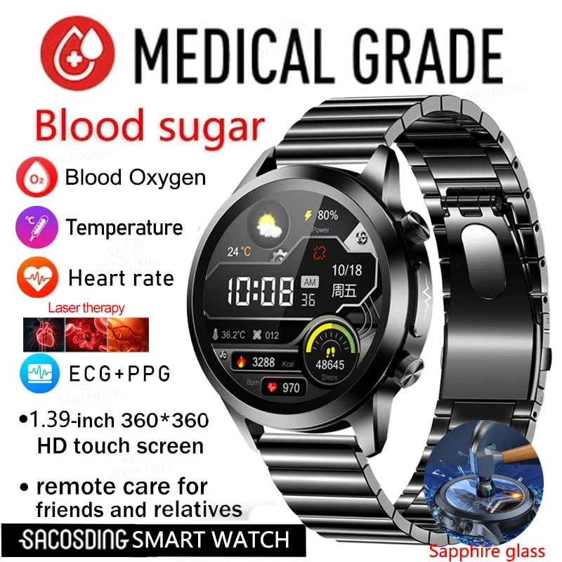 

Sapphire Glass Smartwatch Blood Sugar ECG+PPG Blood Pressure Body Temperature Health Monitoring Smart Watch For Men Clock 2023