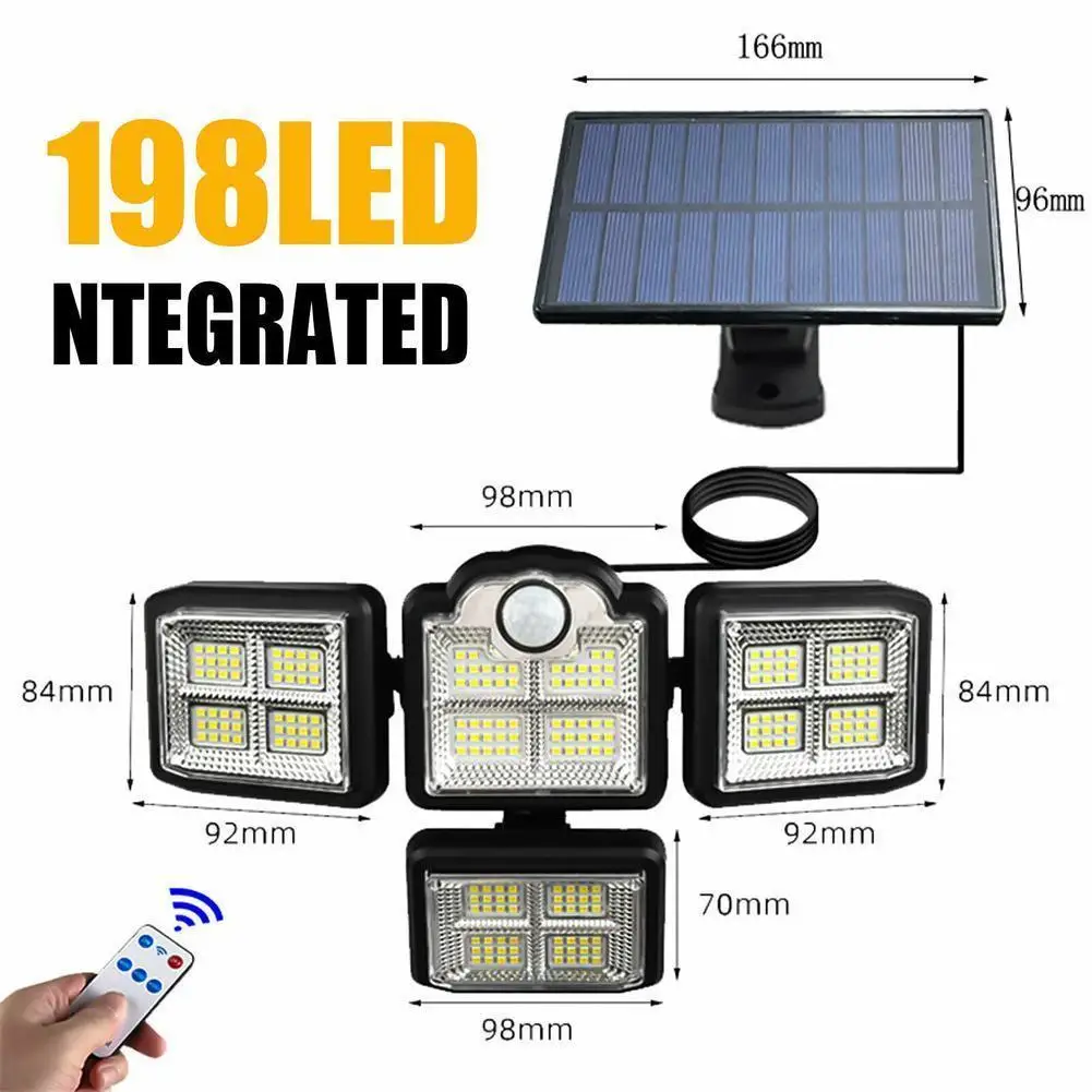 

198led Solar Light 4 Head 3 Modes Ip65 Waterproof 270 Wide Angle Motion Sensor Garden Security Wall Light