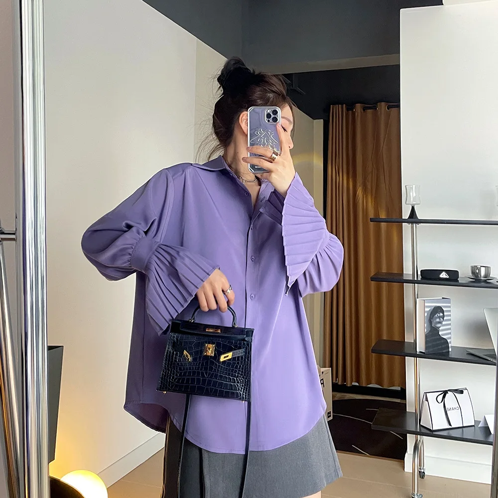 

Stylish Candy Color Flare Pleated Sleeve Blouses Women 2022 Spring Loose Shirts Tops Female Blusas