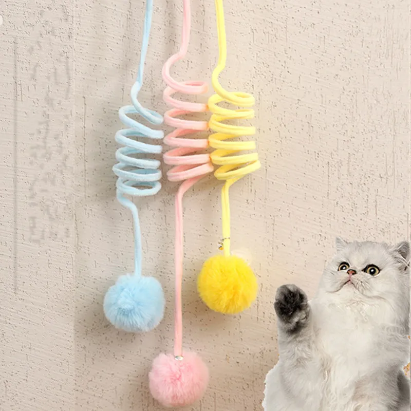 

Cat Toy Wool Ball Toys for Cats Tease Hanging Door Interactive Cat Toy with Stick Sucker Self Hi Spring Ball Cats Toys with Bell
