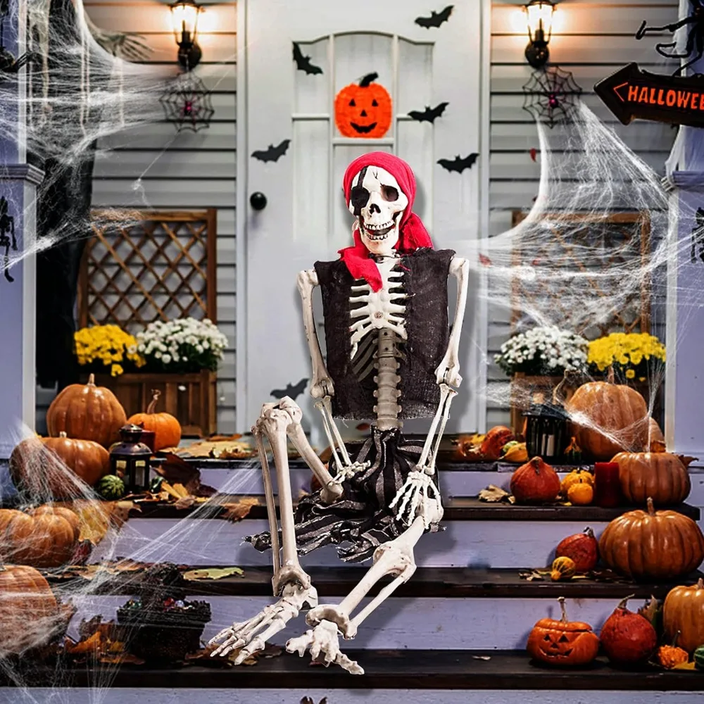 

5.4 Ft Halloween Skeleton, Realistic Human Posable Life Size Pirate Skeletons Decor Full Body Movable Bones for Halloween Prop