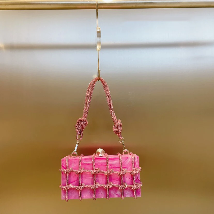 Woven Diamonds Box Bag Acrylic Purses and Handbags Buckle Evening Bags for Women Knot Chains Shoulder Bag Ladies Wedding Clutch