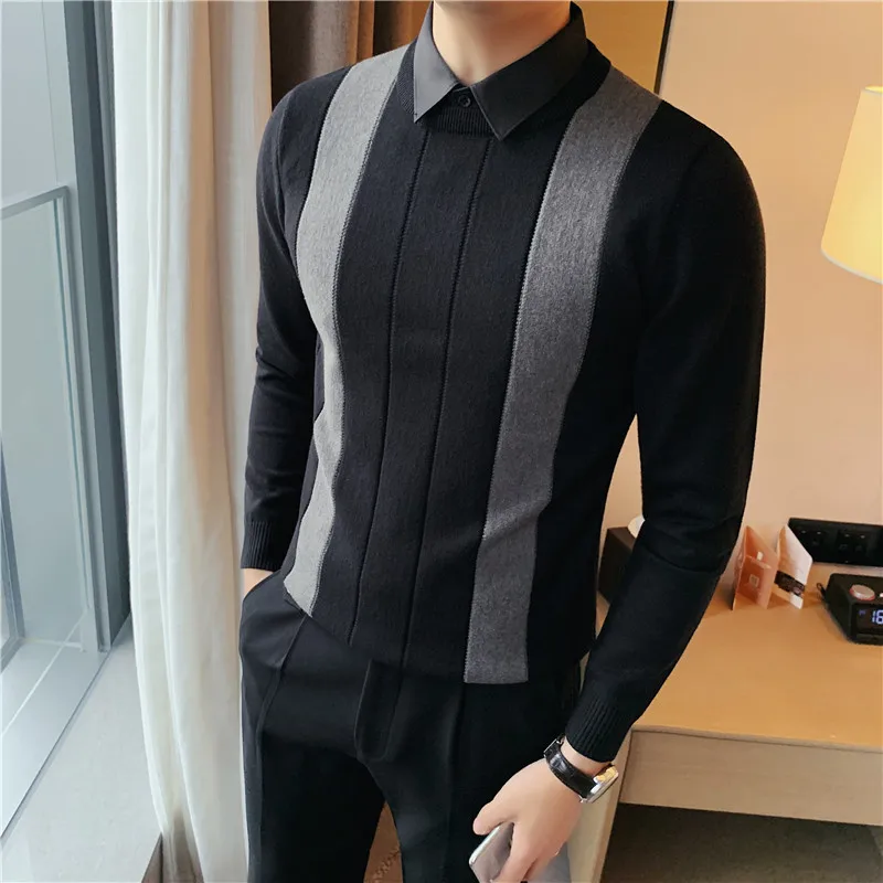Luxury High-end Fashion Stripe Design Fake Two Sweaters Men's Shirt Collar Autumn and Winter Thick Warm Knitted Pullover S-4XL