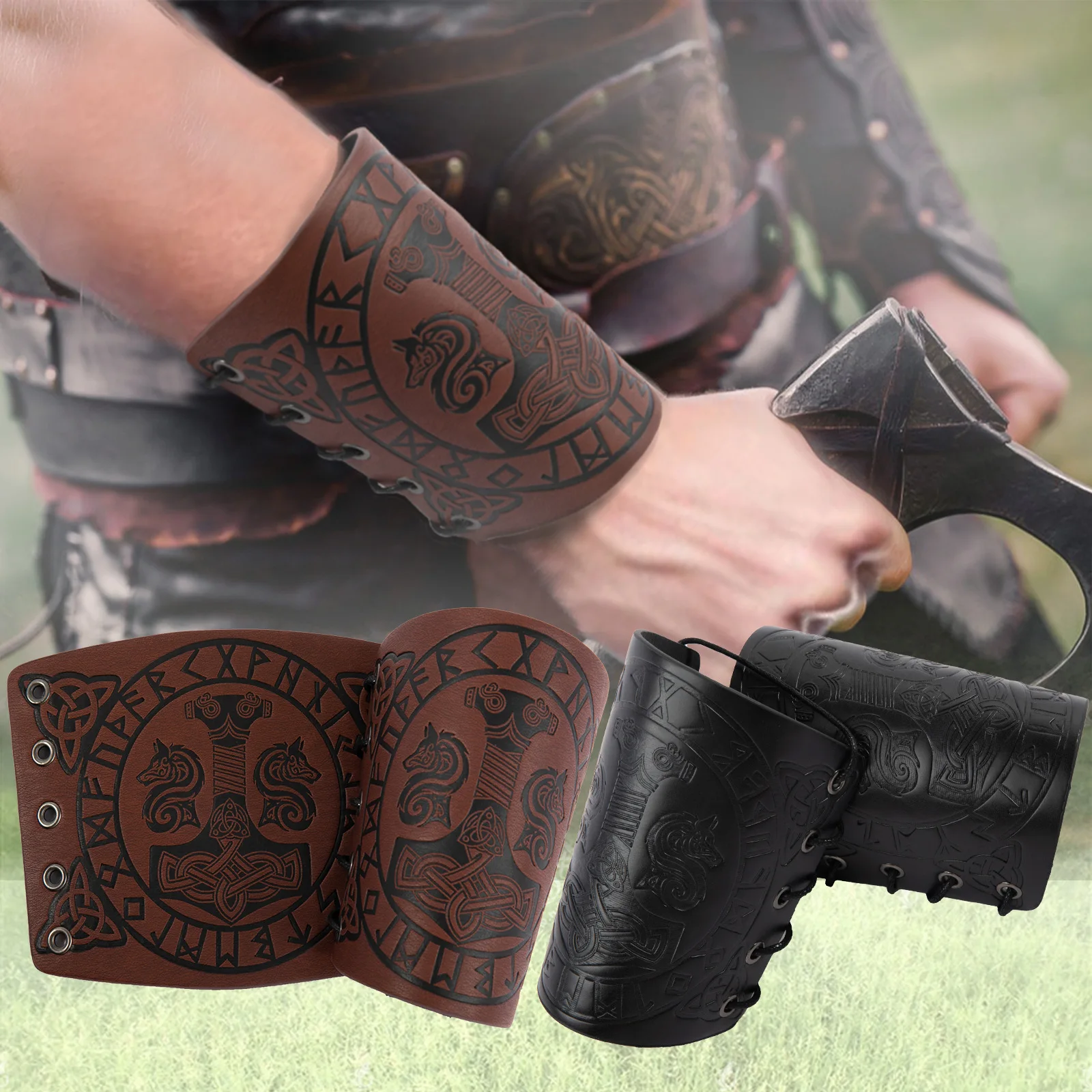 

Nordic Viking style Thor Hammer Embossed Faux Leather Bracers Tie Arm Armor Cuff Steampunk Wristband Medieval Cos Accessories