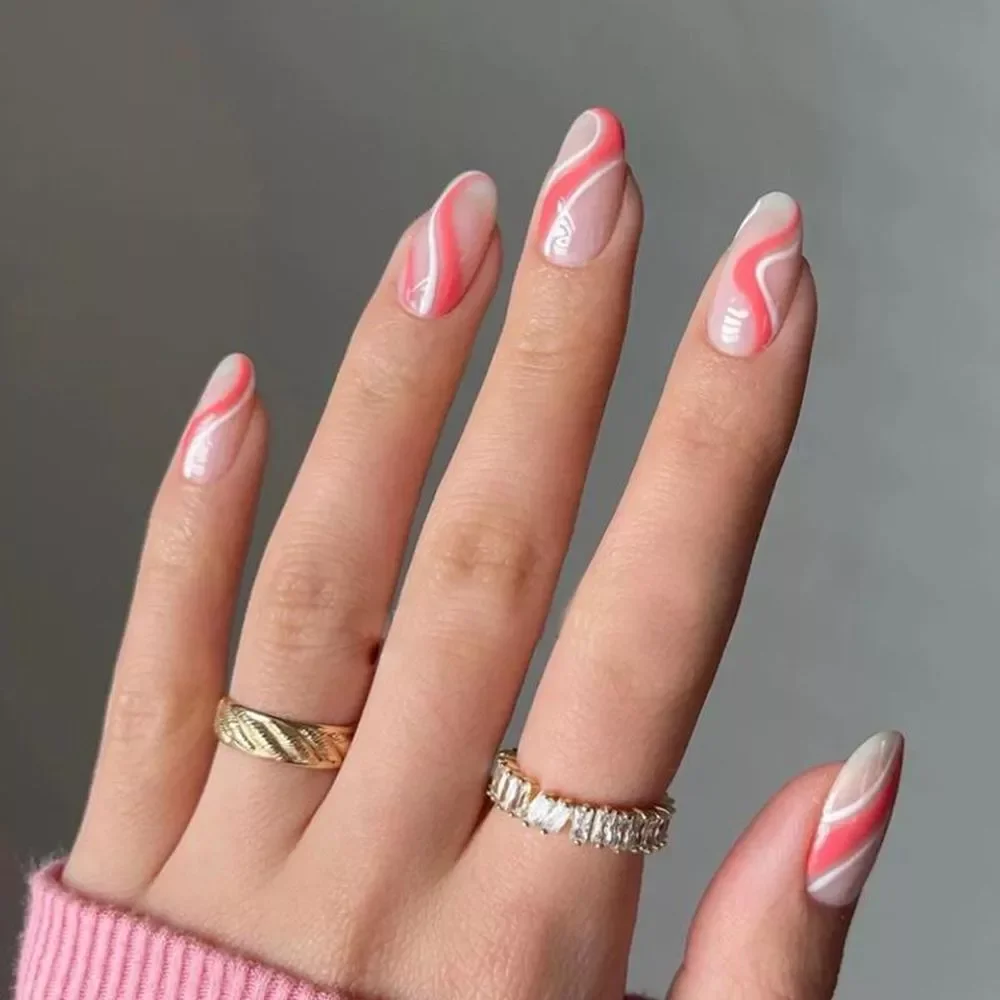 

24Pcs/Box Almond False Nails Pink Ripple Design Artificial Ballerina Fake Nails With Glue Full Cover Nail Tips Press On Nails