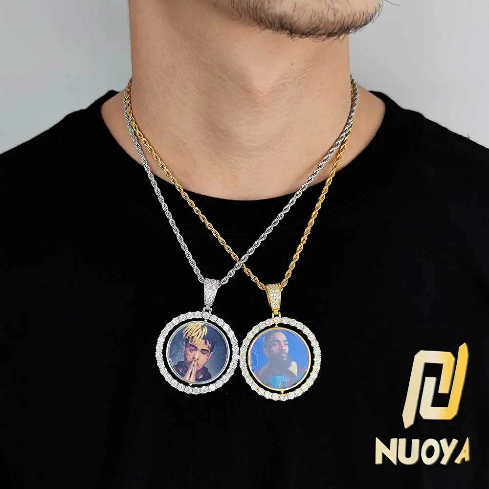 

Hip Hop Custom Made Photo Rotating Double-sided Medallions Necklace Micro-set Diamonds Round DIY Pendant For Men Women Jewelry