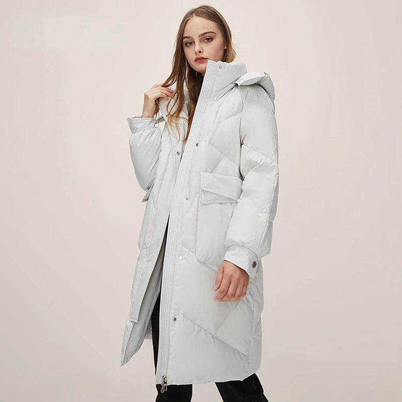 Medium Length Down Jacket Women Warm White Duck Down Hooded Jacket Thickened Warm Loose Silhouette Hood Detachable