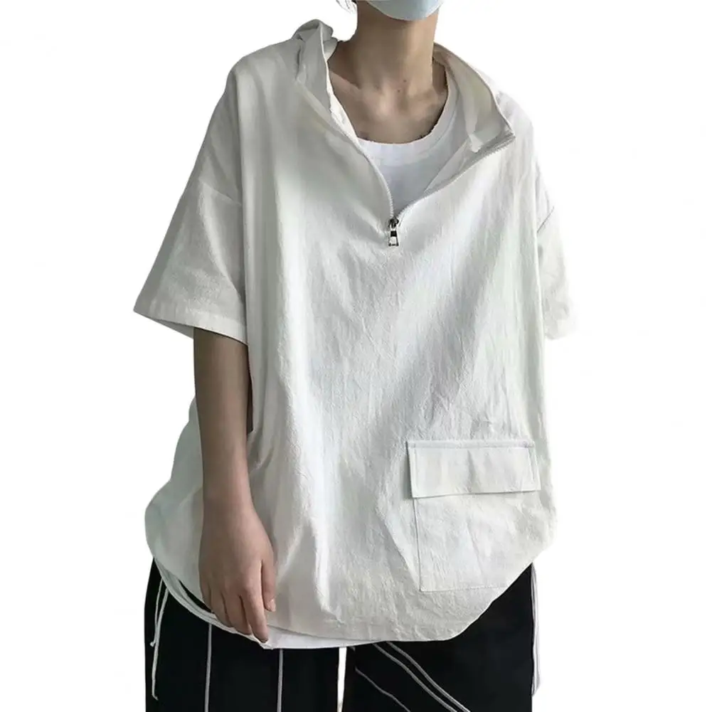 

Hip Hop Loose T-shirt Men Short Sleeves Zipper Hooded Pullover Sweatshirt Summer Young Style Male Clothes