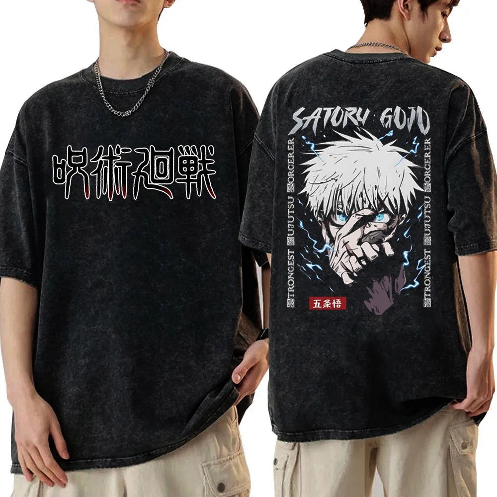 

Футболка мужская оверсайз из хлопка, уличная одежда в стиле аниме, винтажная промытая Футболка с принтом ююютсу кайсен