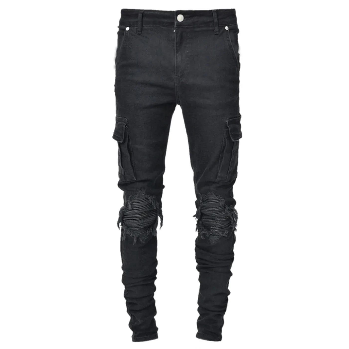 New Mens Jeans Pants Hole Trend Black Slim Denim Jeans Streetwear Men Fashoin Full Length Ripped Jeans