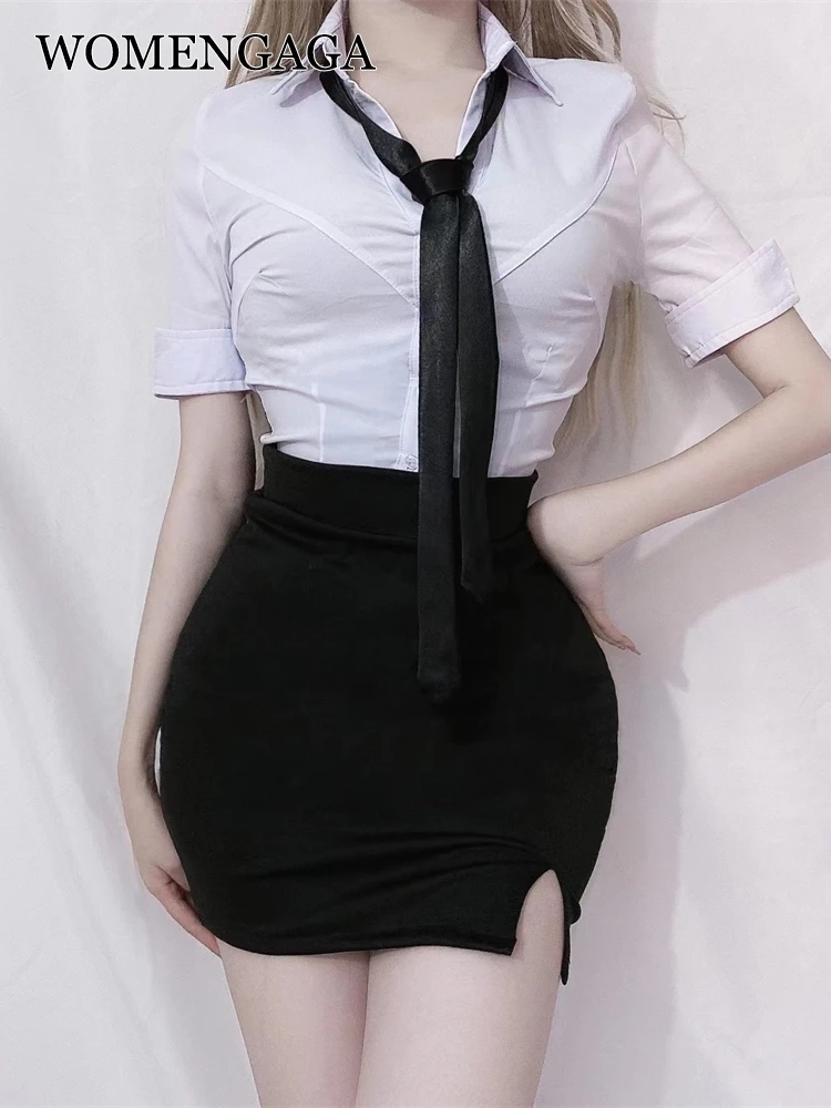 

WOMENGAGA Skirts Set Elegant Low-cut Sexy OL Uniform White Shirt Blouse + Slim Ladies Short-sleeve Top Mini Skirts Cosplay M8RP