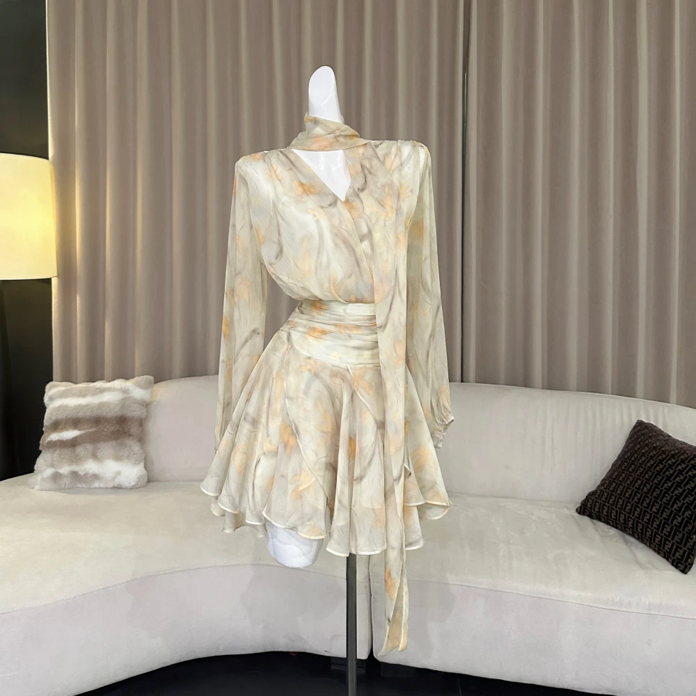 Элегантное женское желтое шифоновое платье с V-образным вырезом и длинным