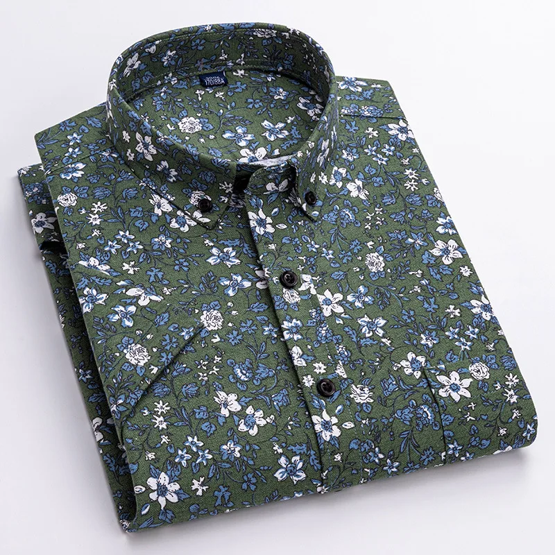 Summer floral men's shirt printing thin section young and middle-aged 100% cotton Hawaiian lapel fit men's short-sleeved shirt