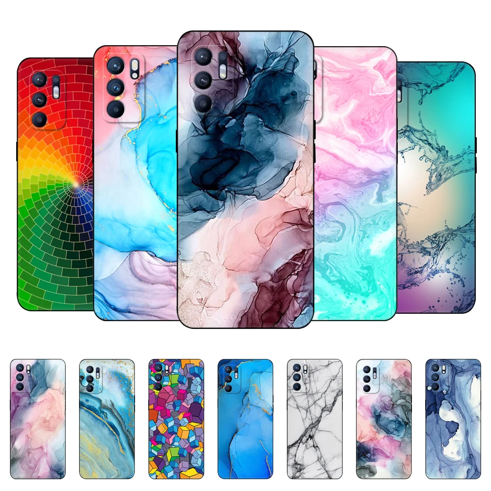 Для OPPO Reno6 4G чехол силиконовый для Oppo 5G телефона Reno 6 Черный ТПУ мраморный