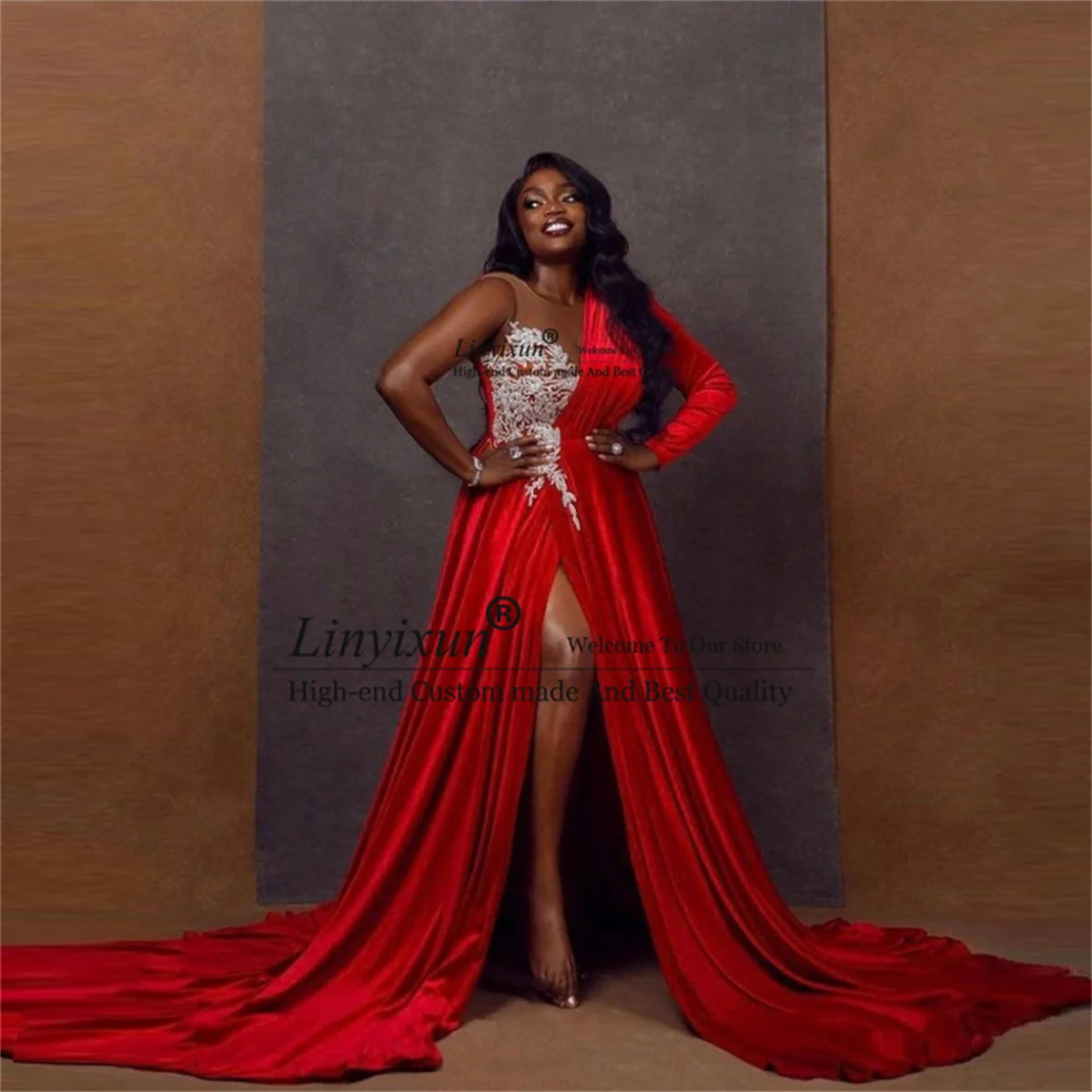 

Red Charming Elegant Prom Dresses 2022 Single Long Sleeves Appliques Lace Evening Gowns Side Split Long Train Wome Party Dress