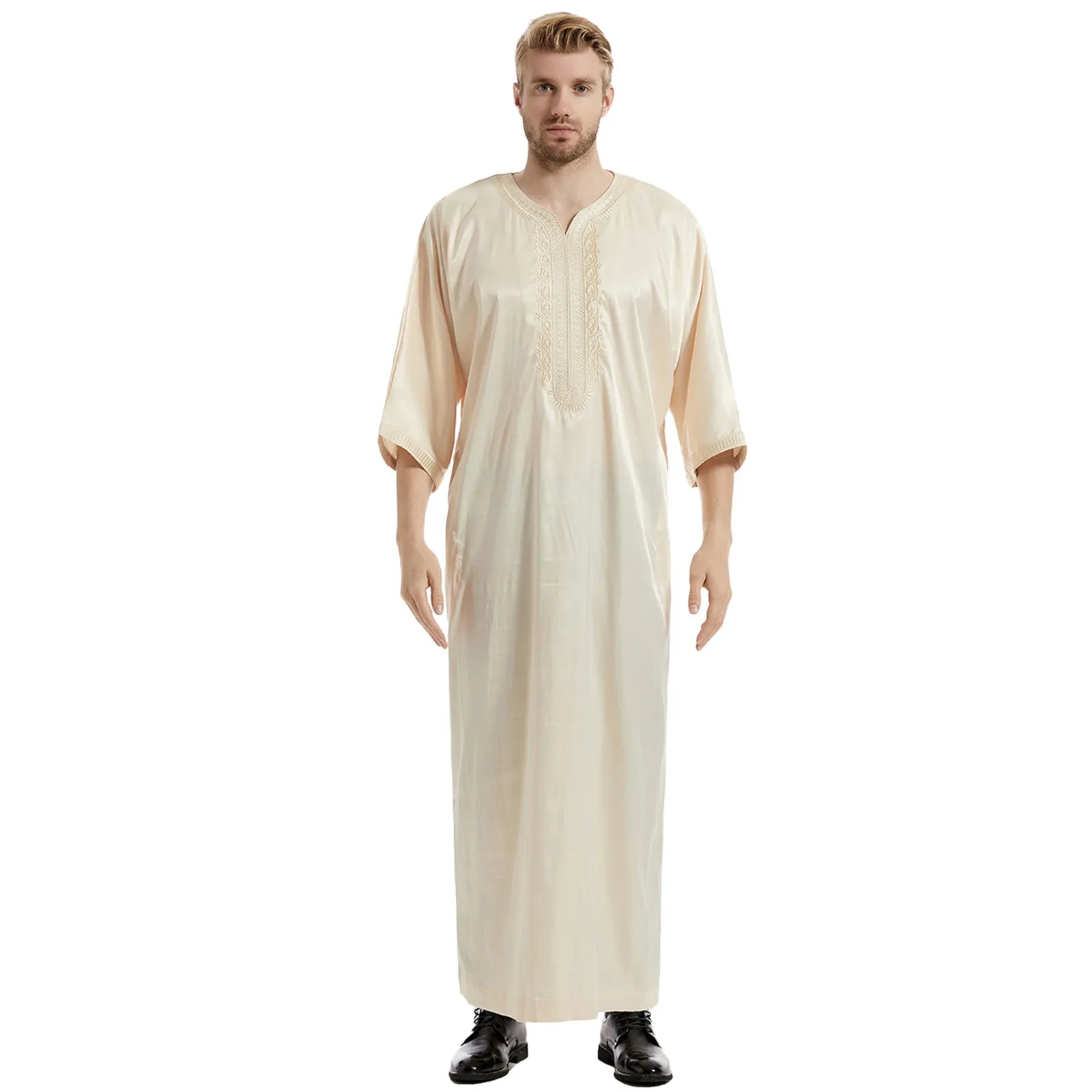 Men's Casual Muslim Arab Middle Satin Embroidered Robe With Mid Sleeve Holiday Vintage Print