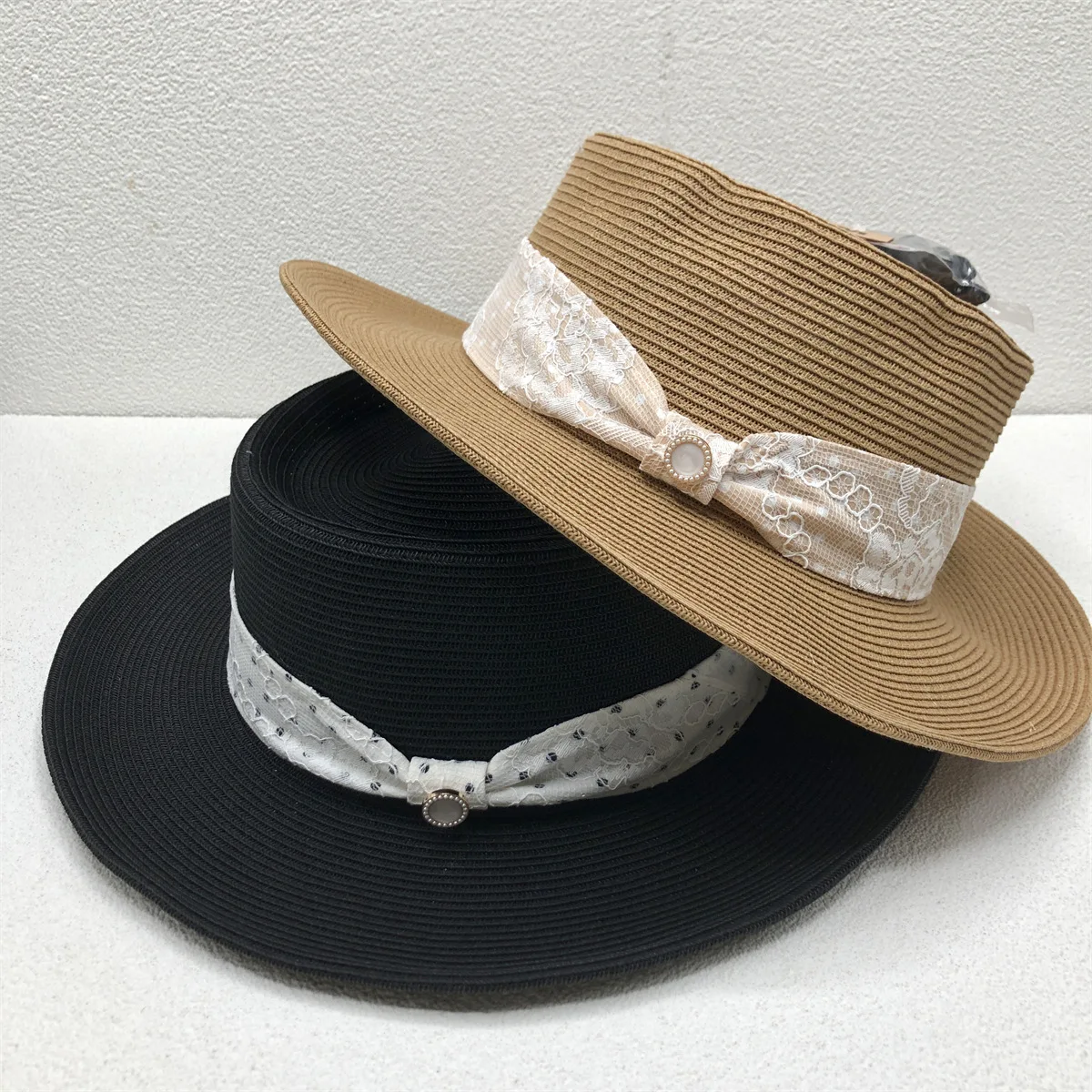 

Summer French Silk Ribbon Women's Raffia Straw Hat Beach Holiday Shade Elegant Light Luxury Women's Top Hat Straw Flat Top Hat