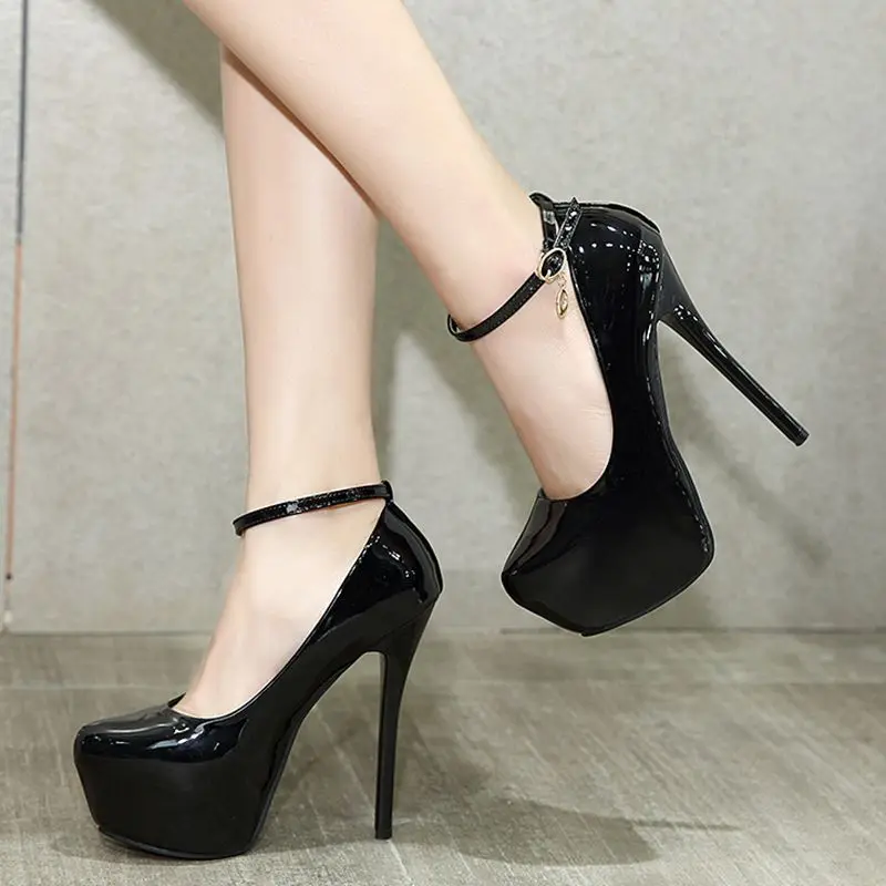 

Туфли-лодочки женские классические, лакированная кожа, заостренный носок, ремешок с пряжкой, тонкий каблук-шпилька 14 см, черные дизайнерские