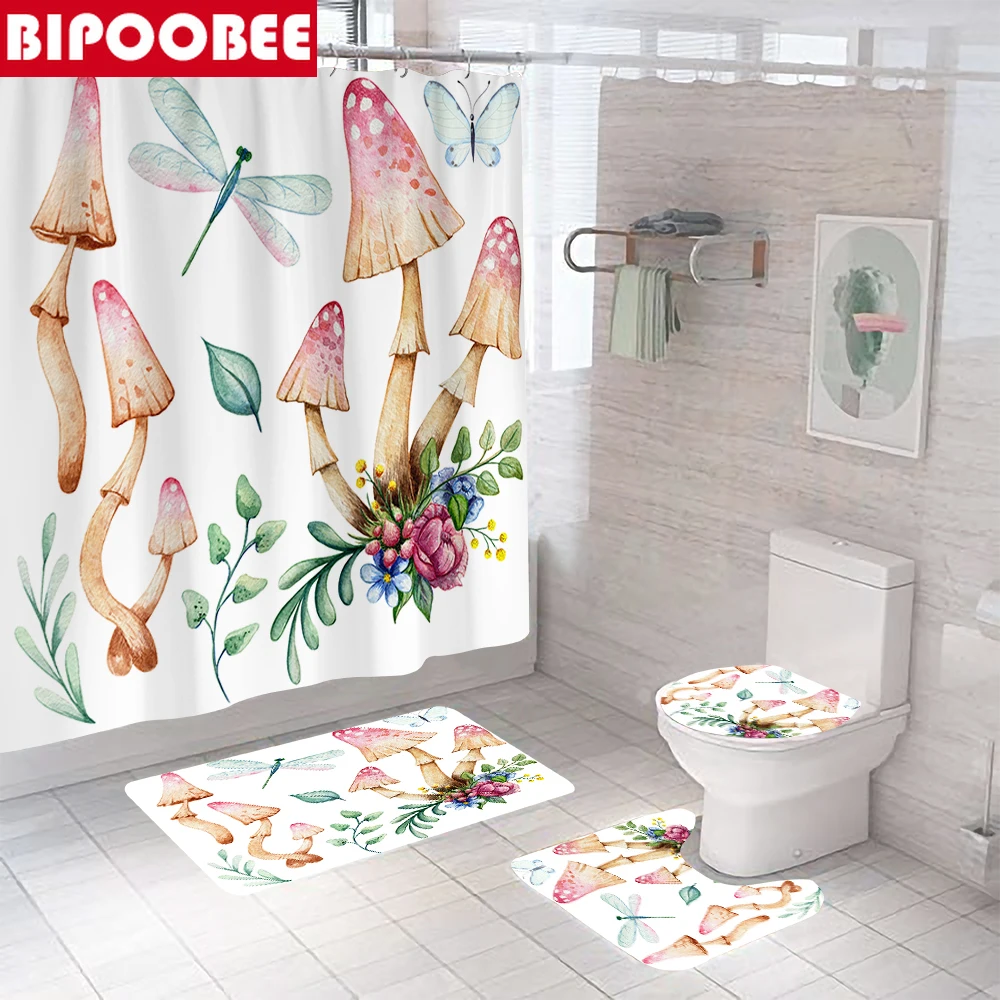

Занавеска для душа в ванную комнату, занавеска с рисунком дракоз, бабочек, грибов, стрекоз, цветов, натуральное растение, аксессуары для ванной, нескользящий ковер