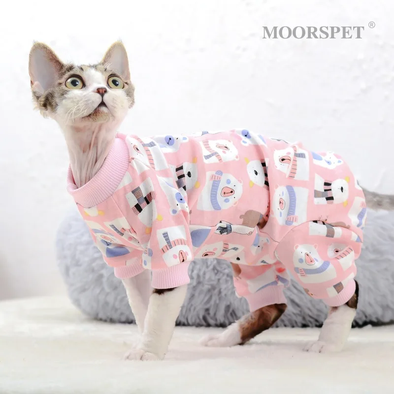 

Cat Clothes for Sphinx Spring Cartoon Printed Cat Pajamas Kleding Devon Hairless Cat Costume Kitten Pullover Shirt Jumpsuit