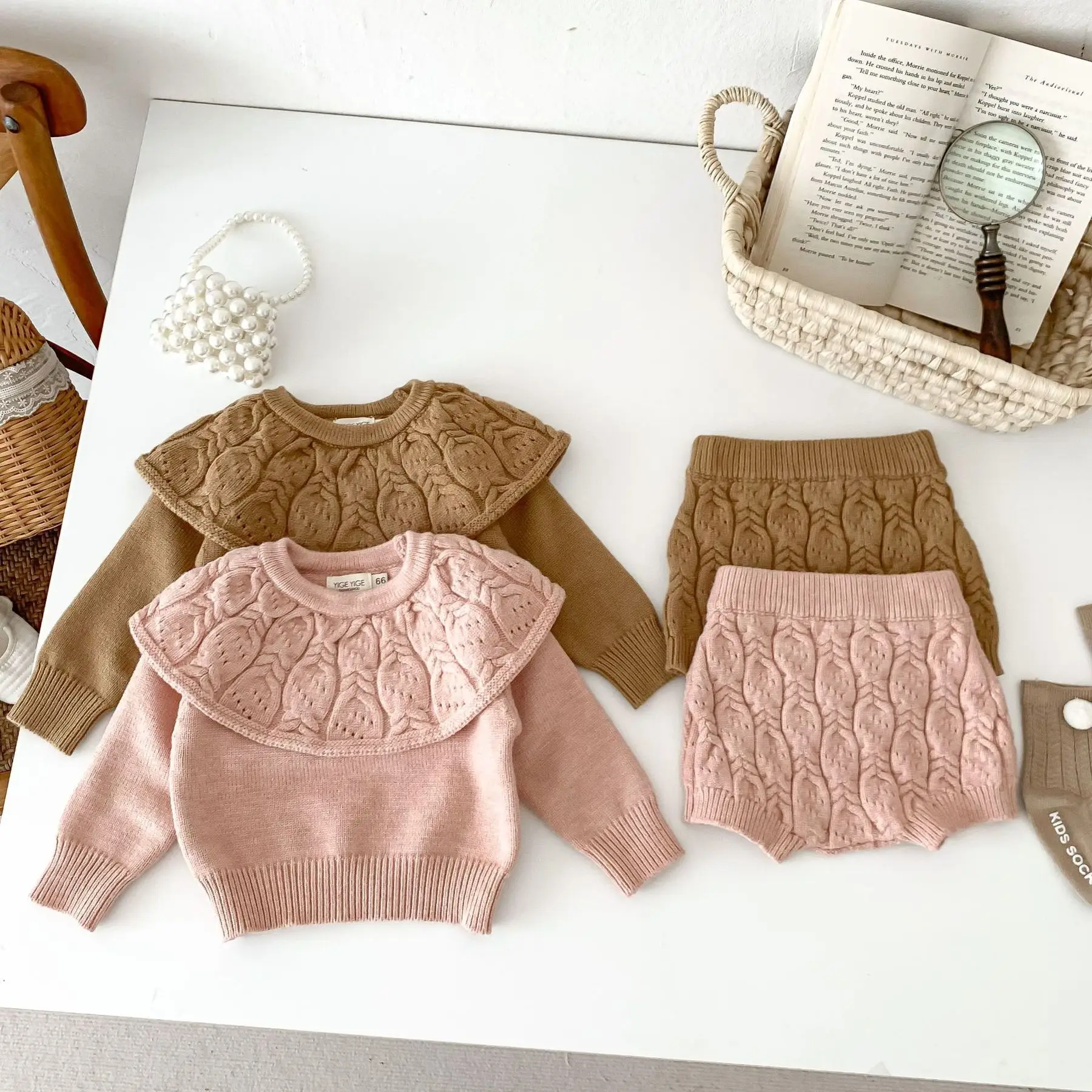 

2 шт., детский вязаный свитер с длинным рукавом и шорты