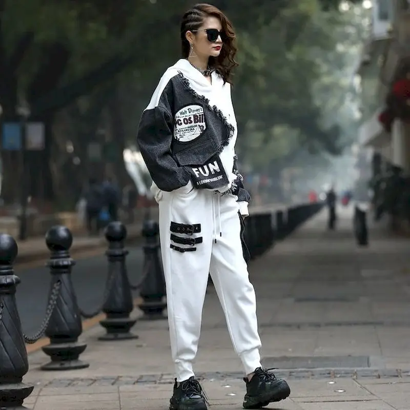 

Womens Casual Sports Suits 2022 Autumn New Loose Denim Stitching Hoodies Contrast Trousers Harem Pants Fashion Two Piece Sets