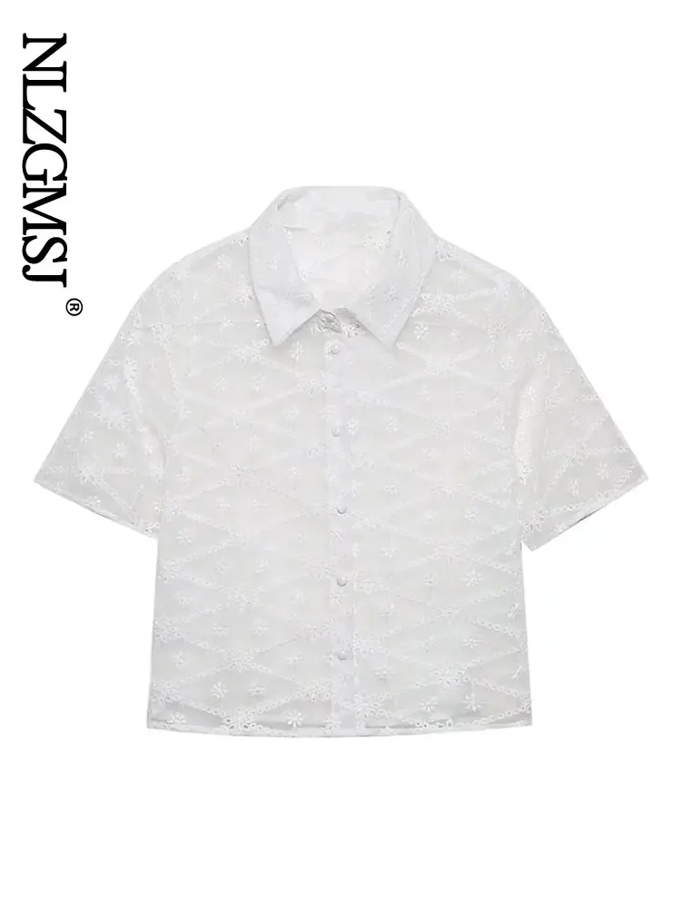 

Модные женские полупрозрачные рубашки с вышивкой Nlzgmsj, винтажные женские блузки с коротким рукавом и пуговицами спереди, блузы, шикарные то...