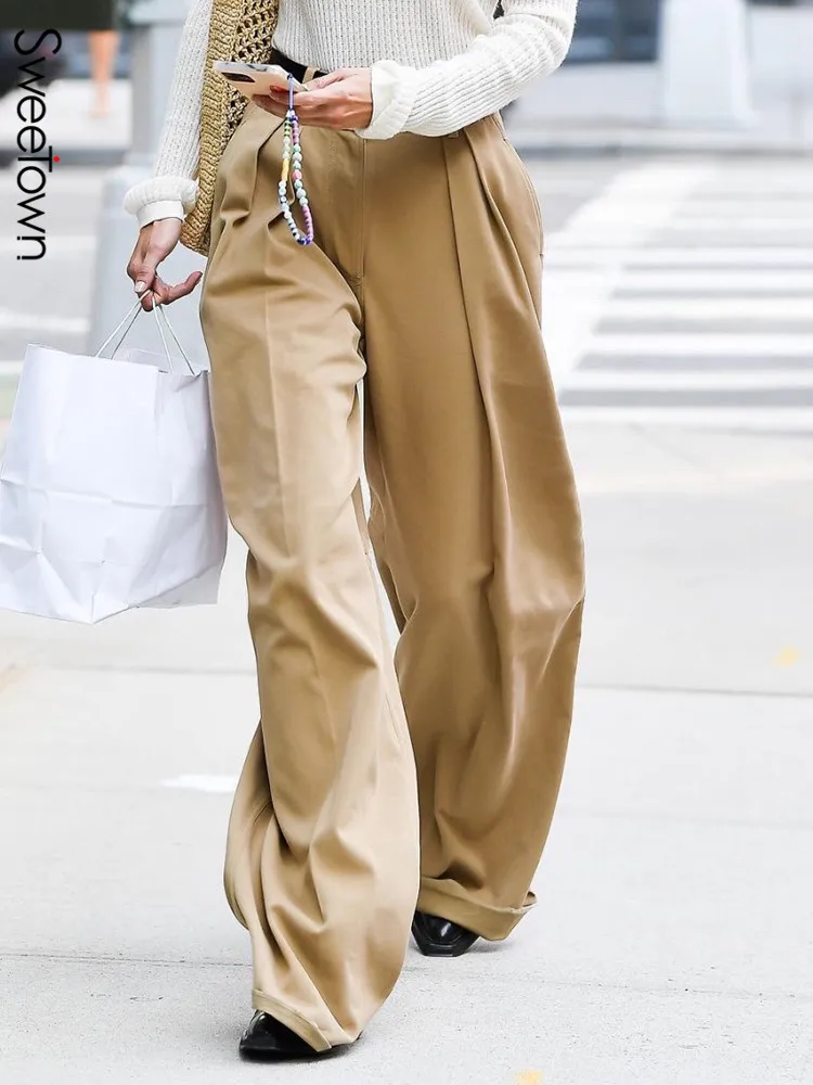 

Sweetown Khaki Casual Streetwear Suit Pants Pleated Patchwork Chic Fashion Low Waist Straight For Women Zip Up Vintage Trousers